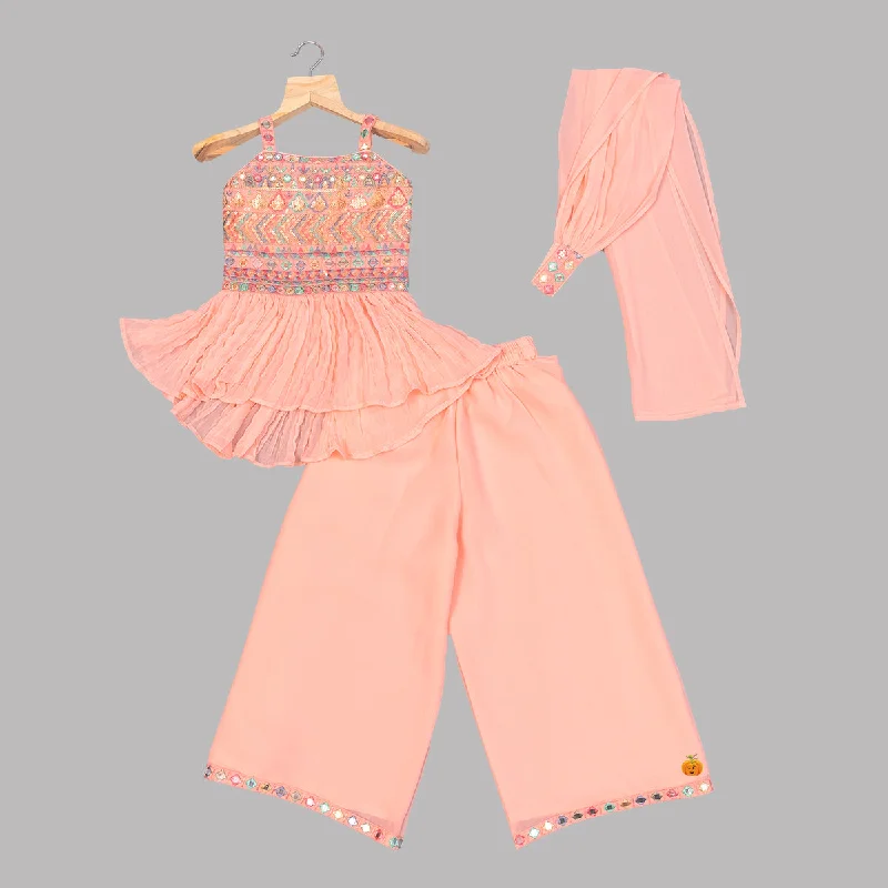 Peach & Sky Blue Sequin Embroidered Girls Palazzo Suit Pink Sequin Gown