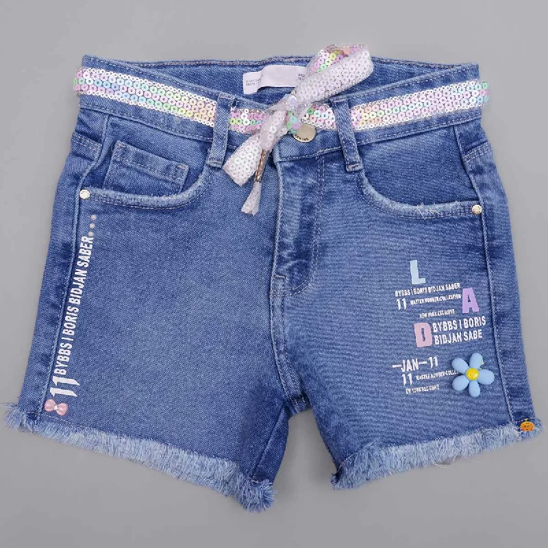 Blue Denim Girls Shorts with Sequin Waistband Sequin Dress Casual