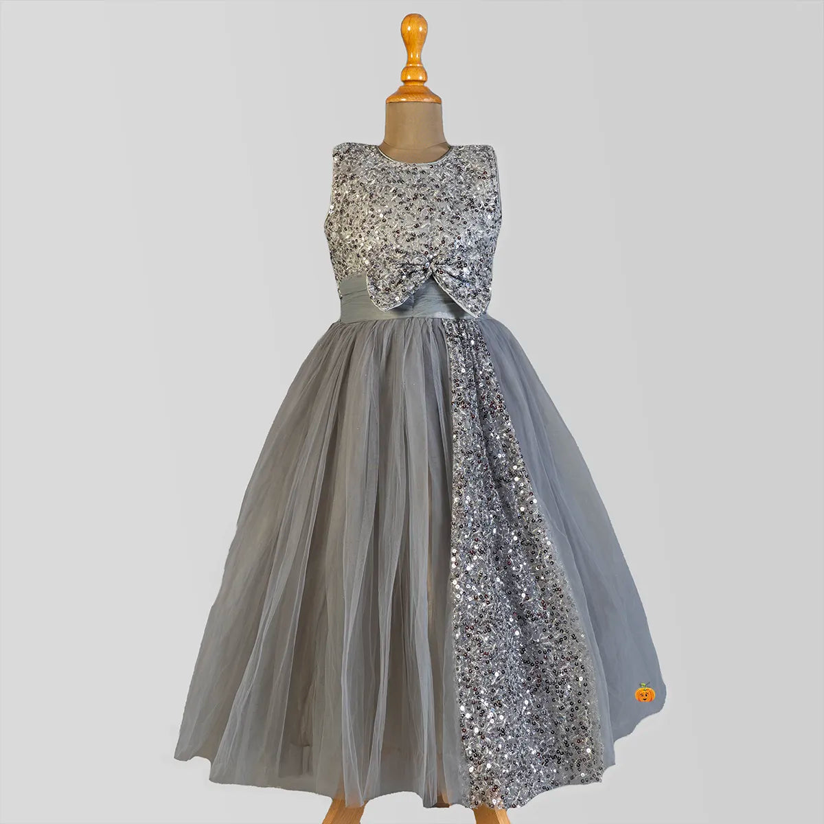 Grey Sequin Bow Girls Gown Party Sequin Dress