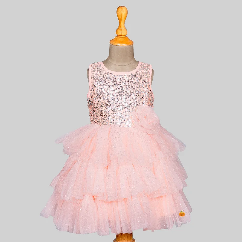 Pink Sequin Layered Net Girls Frock Sleeveless Sequin Dress