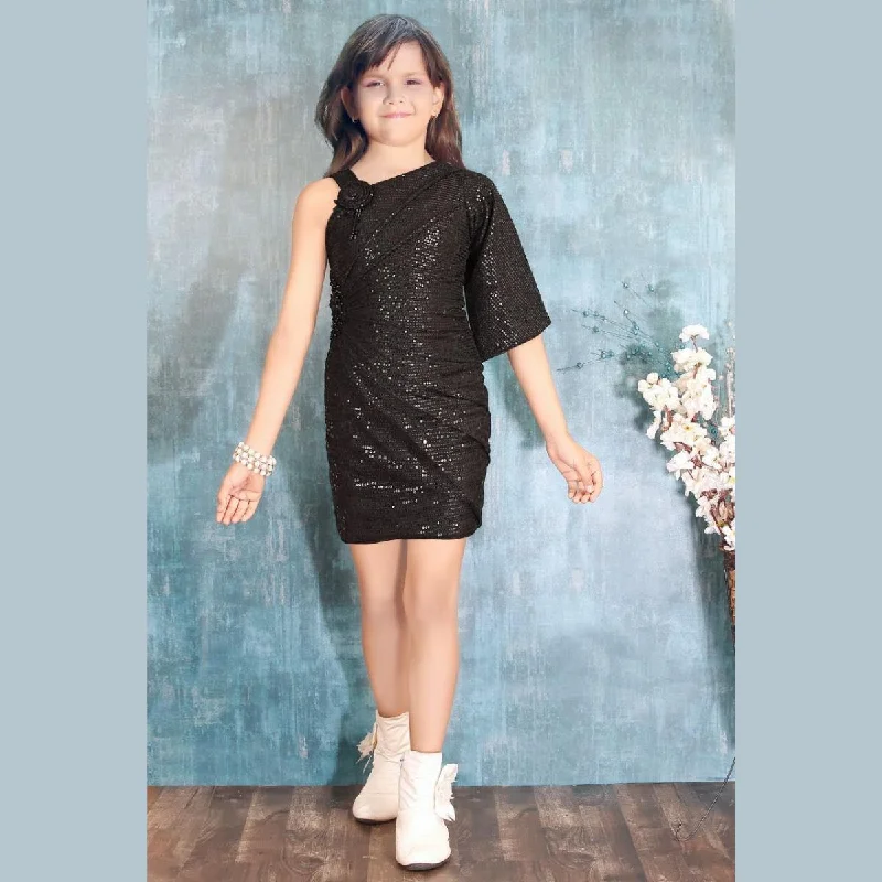 Black & Fawn Sequin Girls Midi Sequin Dress Chic