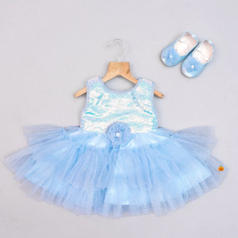 Sky Blue & Peach Sequin Baby Frock Sequin Dress Glamour