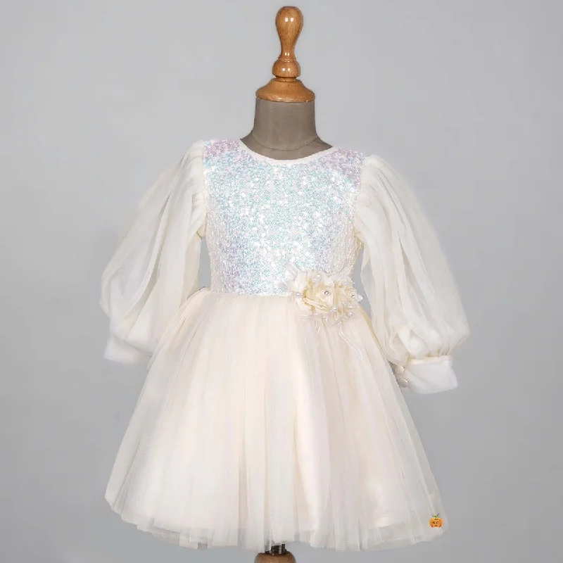 Cream Sequin Net Frock for Girls Glitter Sequin Dress