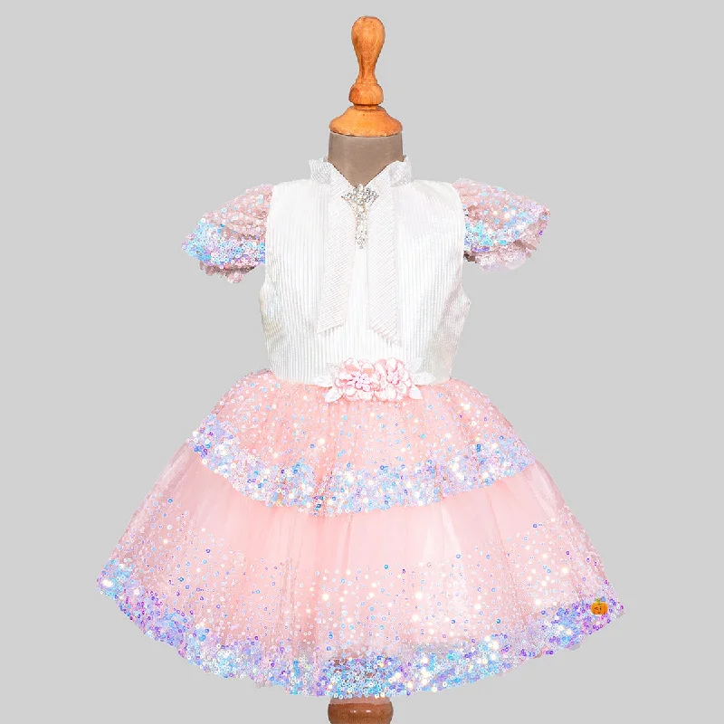 Peach Sequin Frock for Girls V-neck Sequin Dress