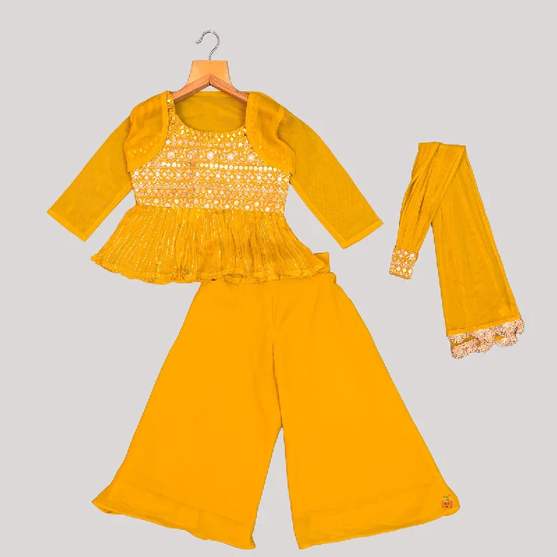 Mustard Sequin Embroidered Girls Palazzo Suit Plus Size Sequin