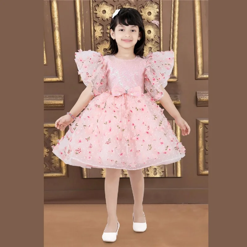 Peach Scattererd Flower Sequin Girls Frock Sequin A-line Dress