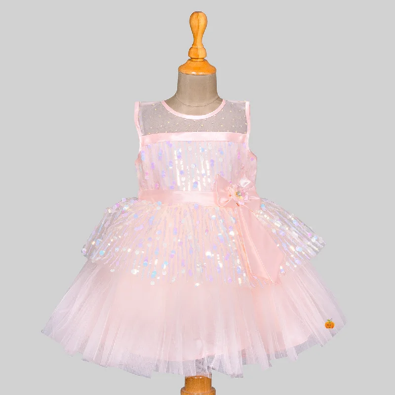 Peach Sequin Net Frock for Girls Shiny Sequin Dress