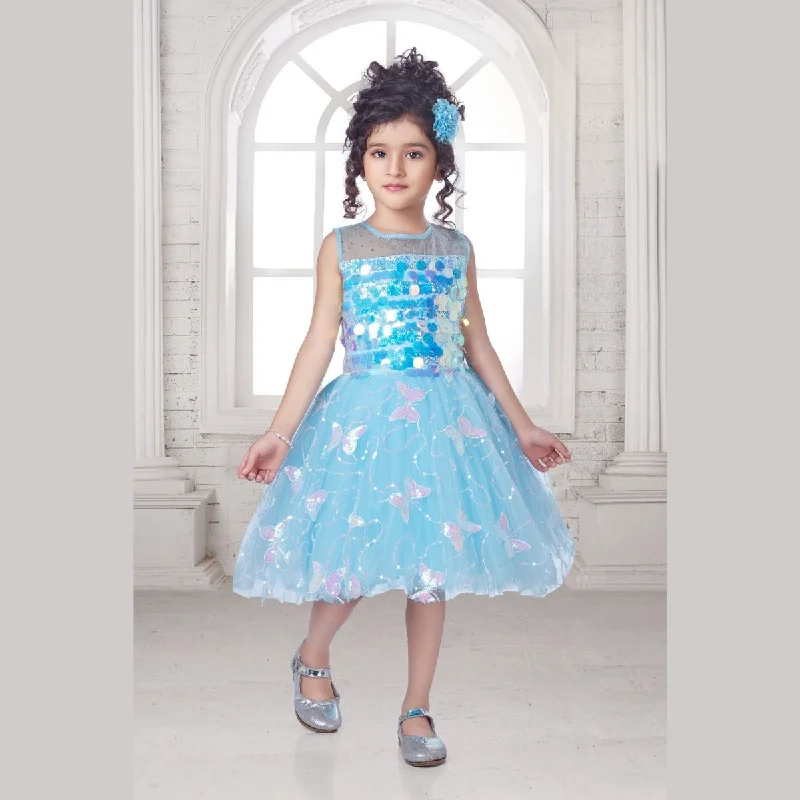 Turquoise Sequin Butterfly Frock for Girls Gold Sequin Dress