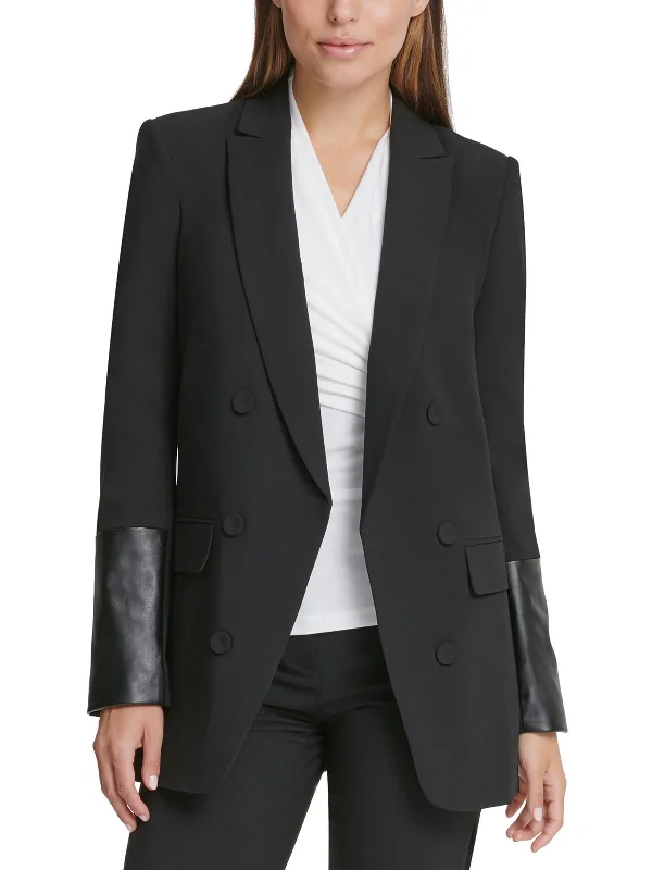 Petites Womens Faux Leather Trim Special Evening Double-Breasted Blazer Buttoned Women’s Blazer