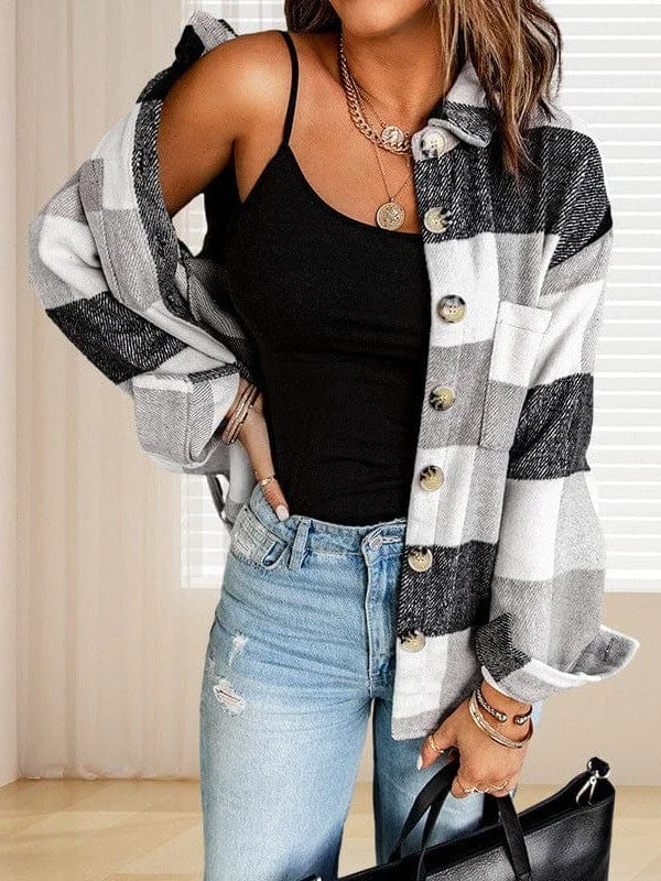 Plus Size Casual Coat, Women's Plus Plaid Print Long Sleeve Lapel Collar Button Up Shacket Jacket