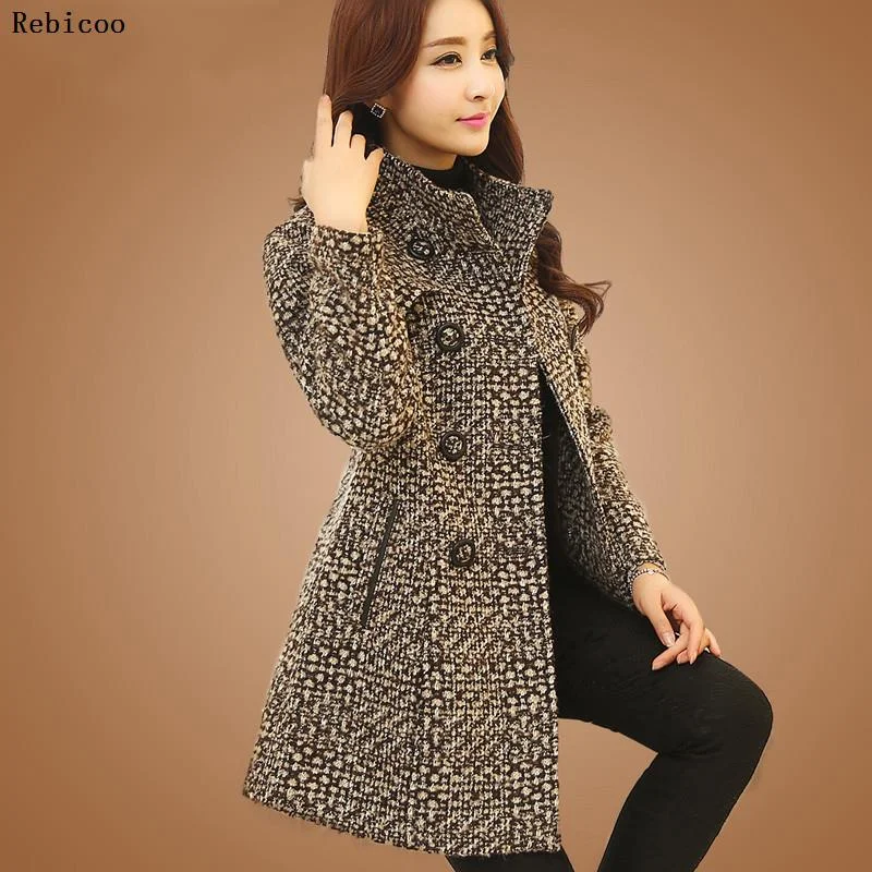 New Women's Wool Blends Coat Winter 2019 Autumn Fashion Elegant Mother Turtleneck Plaid Slim Long Tweed Woolen Outerwear Female