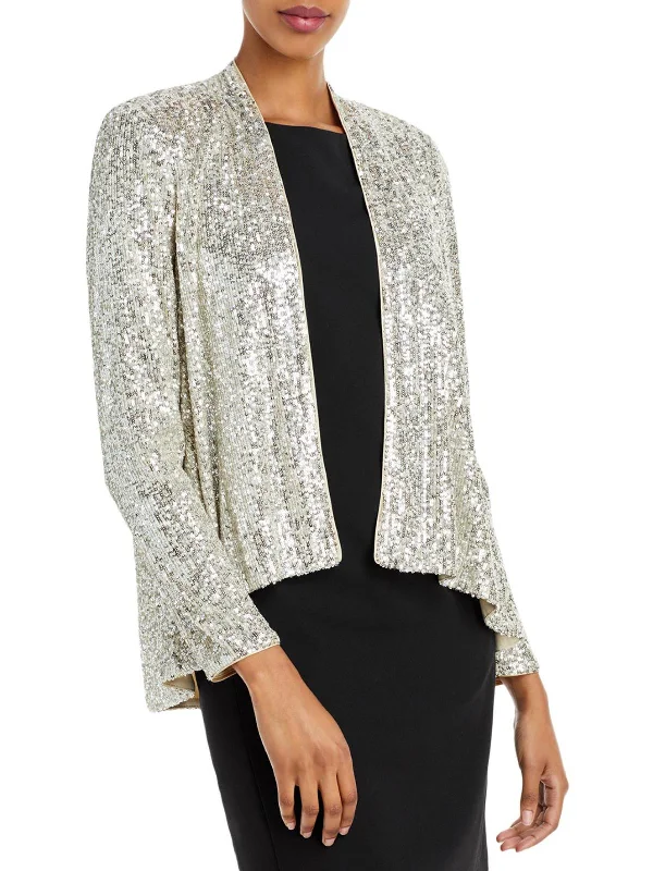 Womens Sequined Open Front Collarless Blazer Lightweight Work Blazer