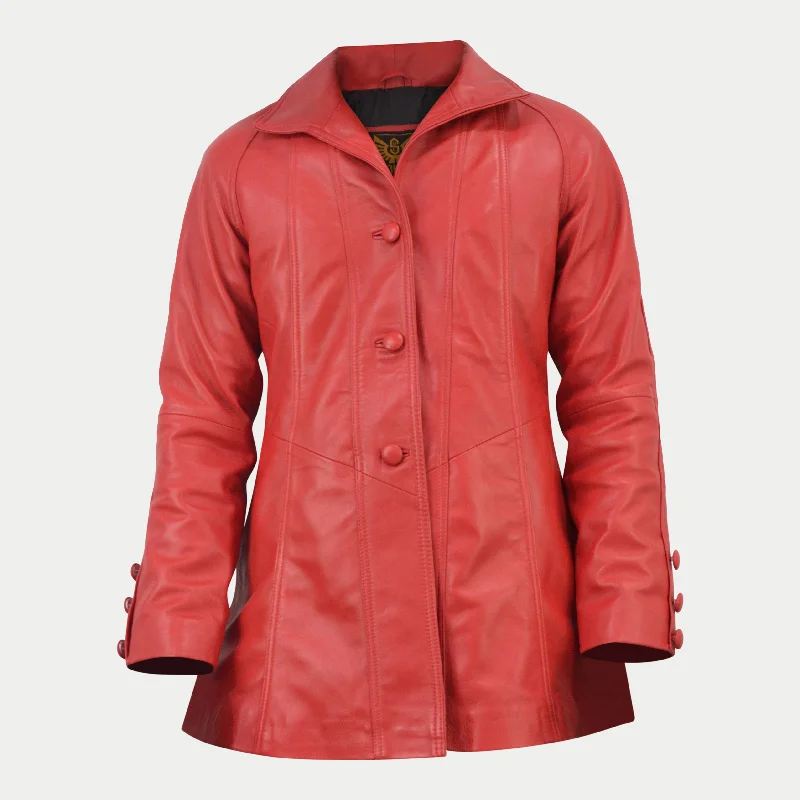 Women's Designer Red Mid-Length Genuine Leather Coat