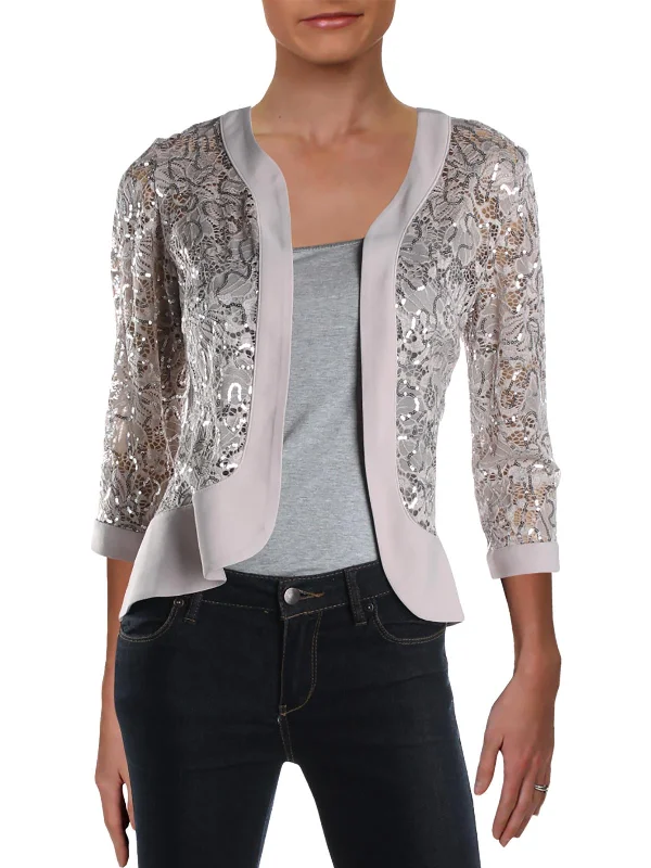 Womens Lace 3/4 Sleeves Open-Front Blazer Minimalist Blazer Look