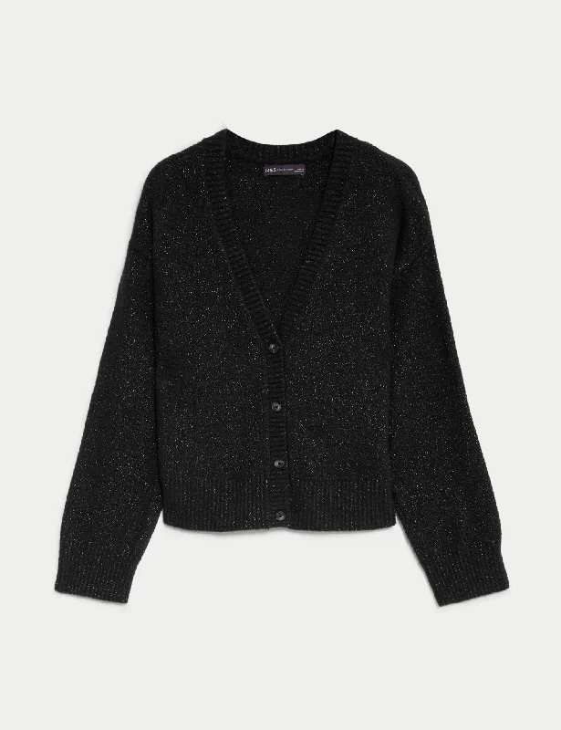 Sparkly V-Neck Button Through Cardigan Pullover Hoodie Sweater