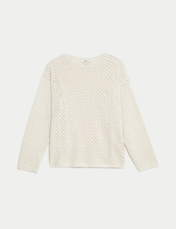 Textured Crew Neck Jumper Comfy Wool Pullover