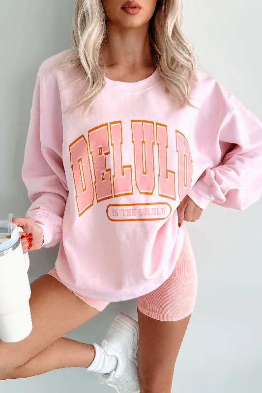 "Delulu Is The Solulu" Graphic Sweatshirt (Light Pink) Casual Hoodie Style