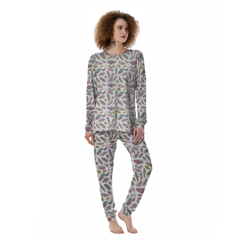 Feather Bohemian Print Pattern Women's Pajamas Best pajama sets for hot sleepers