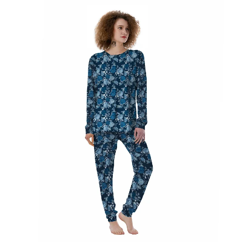 Floral Flower Blue Rose Print Pattern Women's Pajamas Sleeveless pajama sets