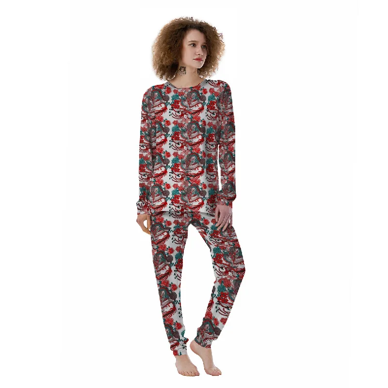 Flower And Chinese Dragon Print Pattern Women's Pajamas Classic pajama sets