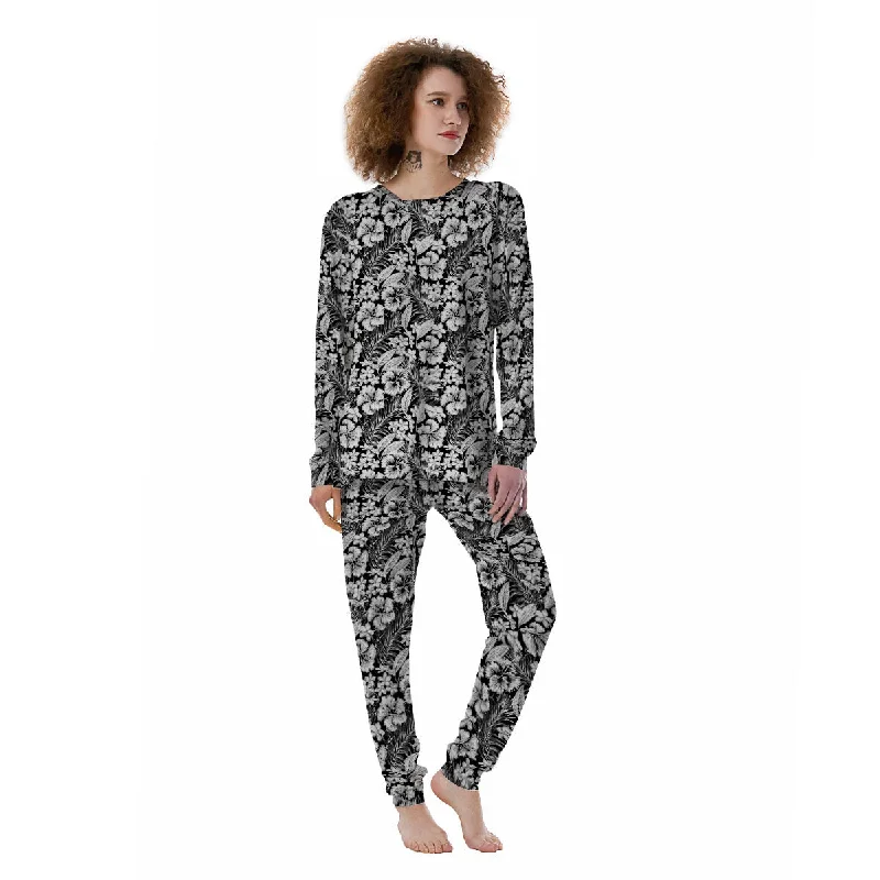 Flower Black Plumeria Print Pattern Women's Pajamas Elegant pajama sets