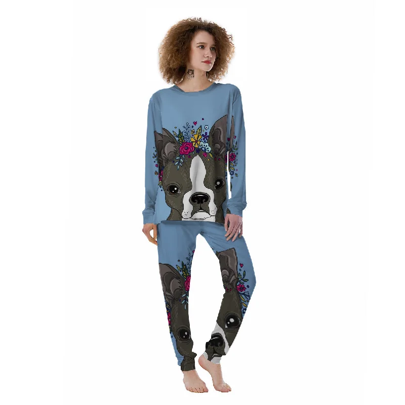 Flower Boston Terrier Cartoon Print Women's Pajamas Bamboo pajama sets