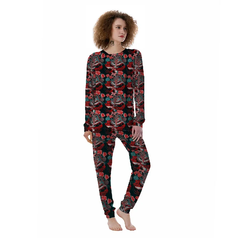 Flower Chinese Dragon Print Pattern Women's Pajamas Cotton pajama sets