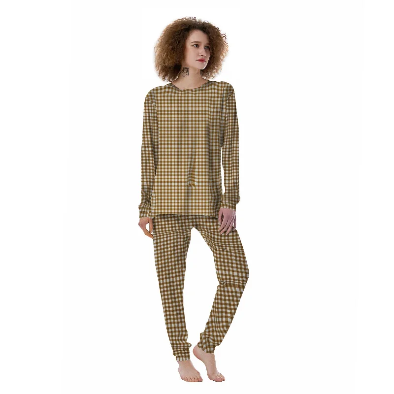 Gingham White And Brown Print Pattern Women's Pajamas Sexy pajama sets