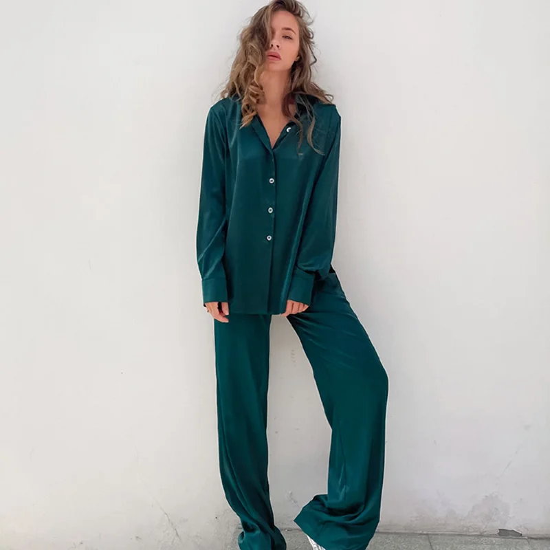 Women'S Fashion Shirt Faux Silk Lightweight Long Sleeve Trousers Pajama Set Women's pajama sets