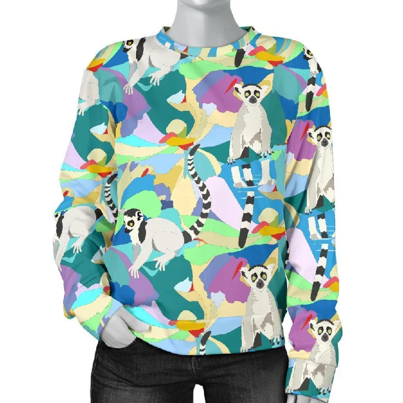 Lemur Colorful Pattern Print Women's Sweatshirt Alpaca wool sweaters