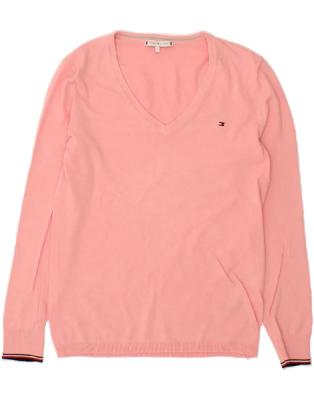 TOMMY HILFIGER Womens V-Neck Jumper Sweater UK 16 Large Pink Cotton Outdoor sweaters