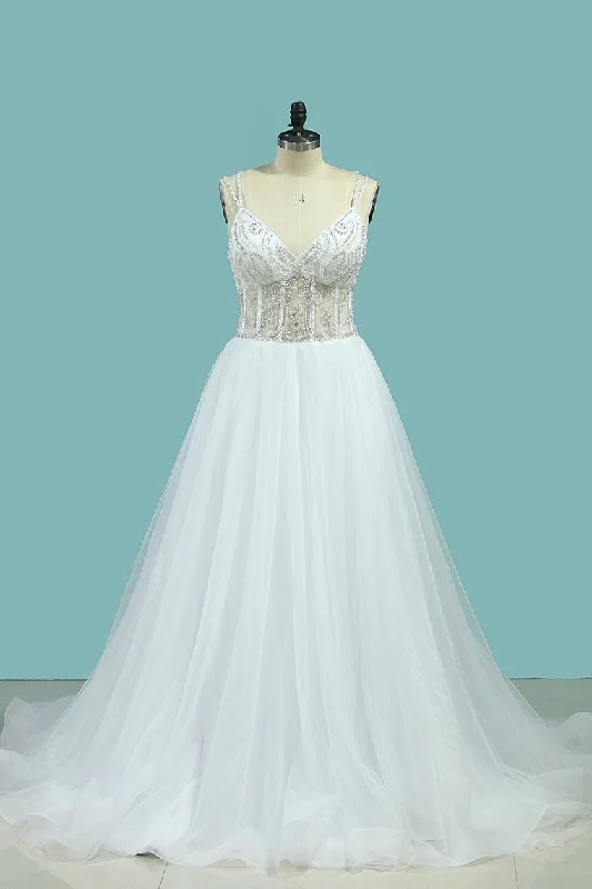 A Line Spaghetti Straps Wedding Dresses Beaded Bodice Tulle Court Train Mermaid Wedding Gown