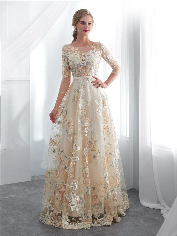 A-line Floor-length 3/4 Sleeves See-though Embroidery Wedding Dresses, WD0466 Lace V-neck Dress