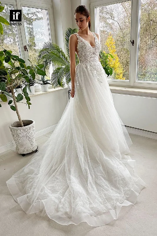 31681 - A Line V-Neck Lace Appliques Rustic Wedding Dress Boho Wedding Gown