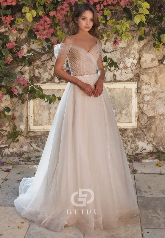 A-Line Off Shoulder Sleeveless Pleated Tulle Long Wedding Dress Off-shoulder Bridal Dress