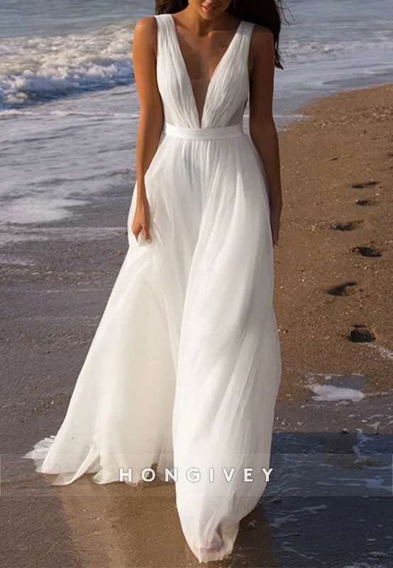 H1767 - A-Line V-Neck Sleeveless Chiffon Beach Wedding Dress Elegant Lace Gown