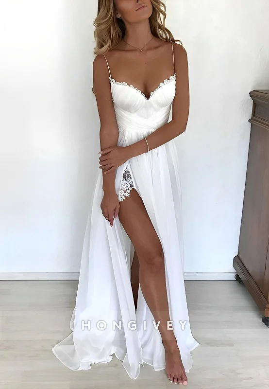 H1769 - A-Line V-Neck Spaghetti Straps With Side Slit Beach Wedding Dress Vintage Lace Dress