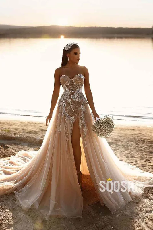 A Line Sweetheart Romantic Lace Appliques Elegant Wedding Dress with Slit QW2525 Strapless Lace Dress