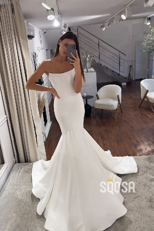 Simple Trumpet/Mermaid Strapless Satin Wedding Boho Dress Bridal Gowns QW8037 White Lace Gown