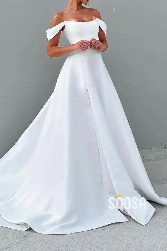 Satin A-Line Bateau Off-Shoulder With Train Elegant Wedding Dress QW8193 Chic Lace Dress