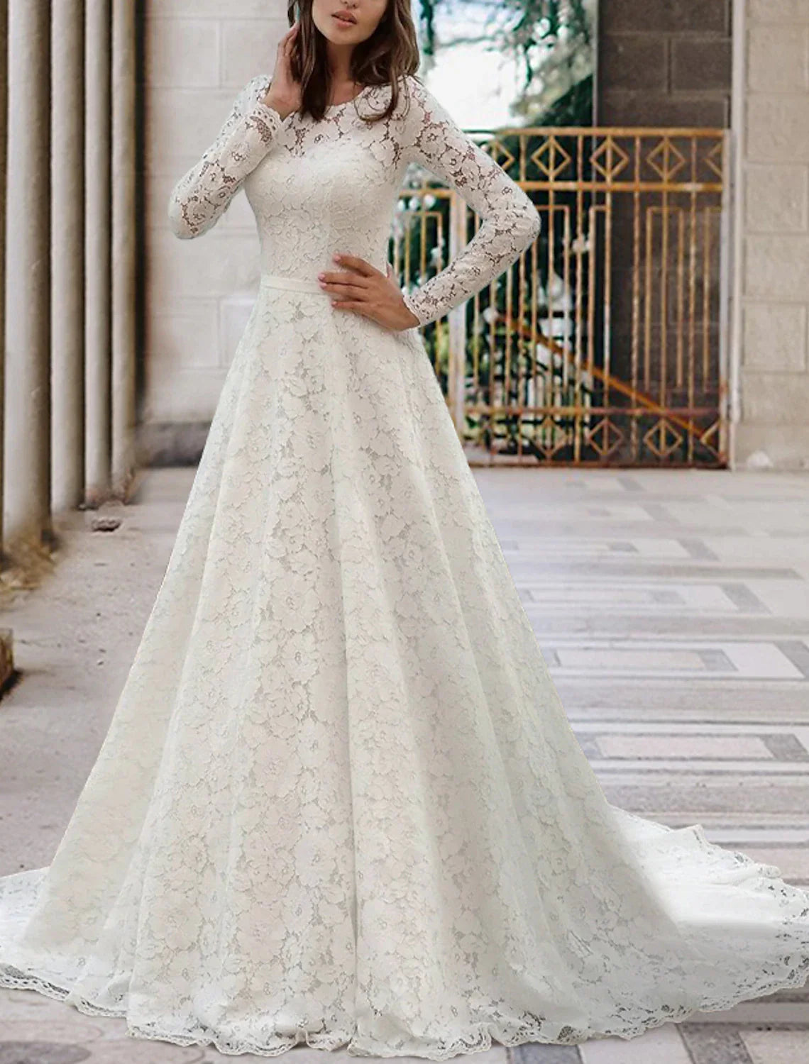 Engagement Formal Fall Wedding Dresses A-Line Illusion Neck Long Sleeve Court Train Lace Bridal Gowns With Sashes / Ribbons Pleats Summer Wedding Party White Lace Gown