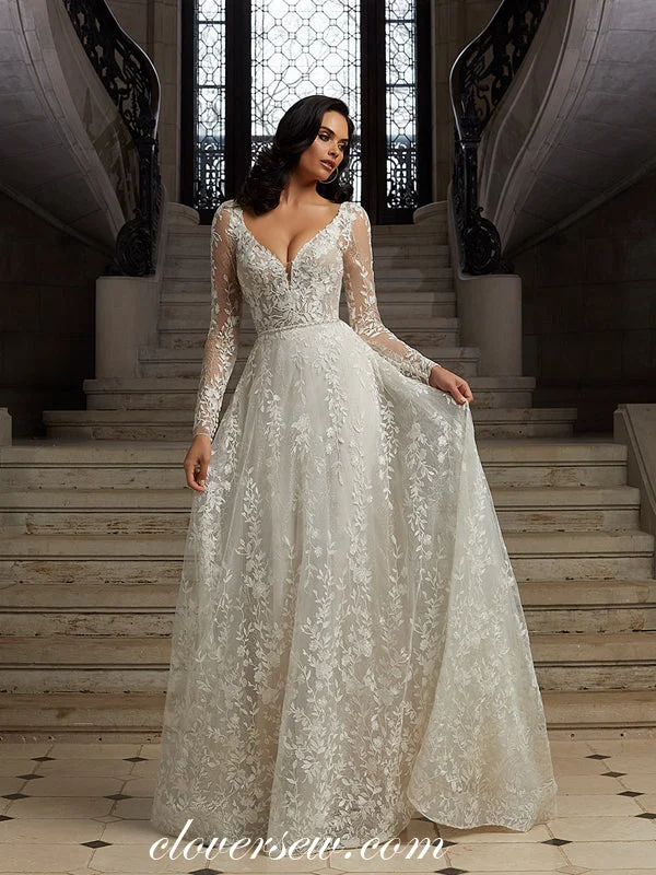 Ivory Long Sleeves Fully Lace A-line Keyhole Back Vintage Wedding Dresses, CW0351 Floral Wedding Gown