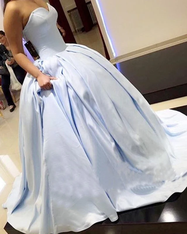 Light Blue Satin Sweetheart Ball Gowns Prom Dresses Full Skirt Wedding