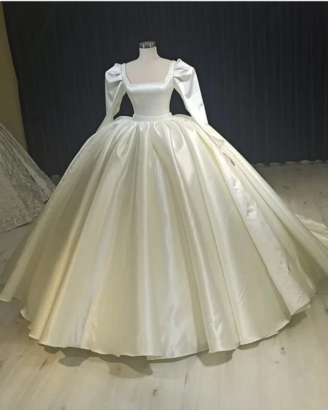 Long Sleeves Satin Wedding Dresses Ball Gown Floral Wedding Gown