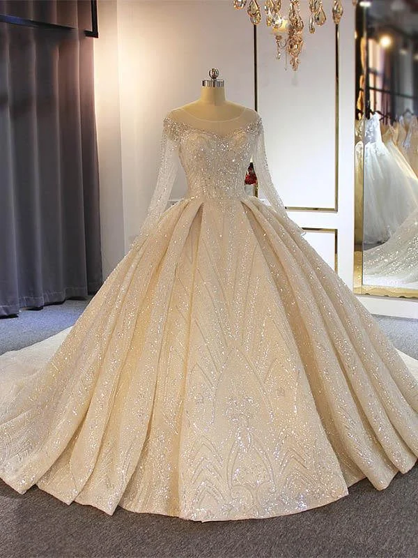 Luxury O-Neck Long Sleeves Lace Ball Gown Wedding Dresses White Lace Gown