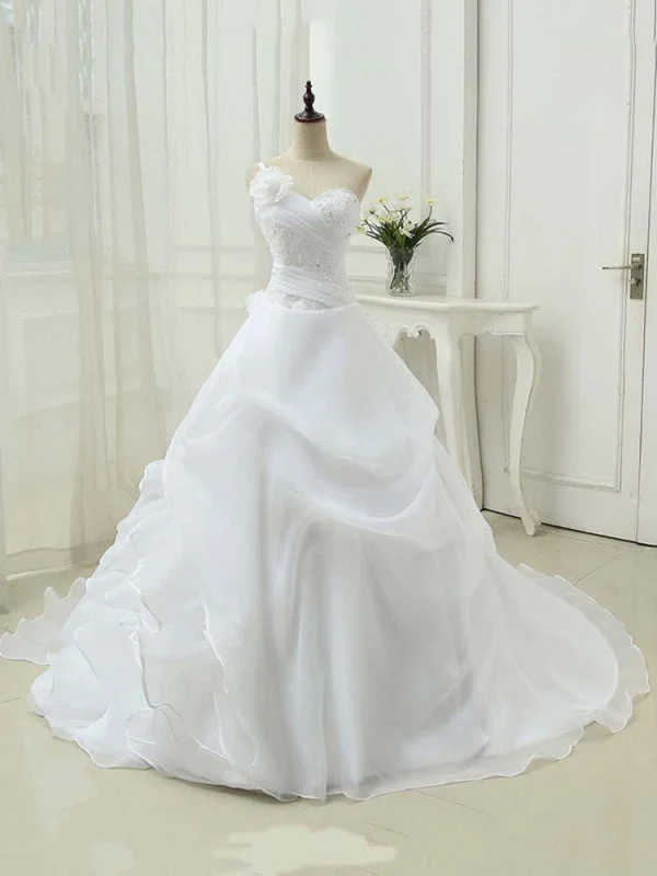 Modest One Shoulder Sweetheart Flower A-Line Wedding Dresses Beaded Bridal Gown