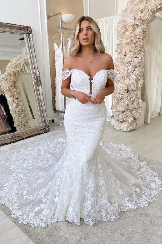 Off-The-Shoulder Long Mermaid Wedding Dress With Backless Design Lace Vintage Wedding Gown