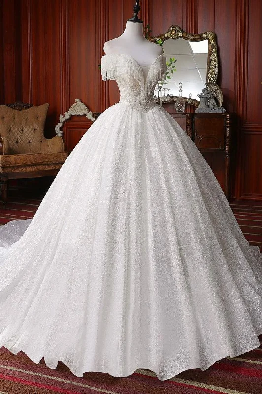 Pretty Off The Shoulder Ball Gown Beading Wedding Dresses Modest Bridal Gowns Y0106 Lace Wedding Gown