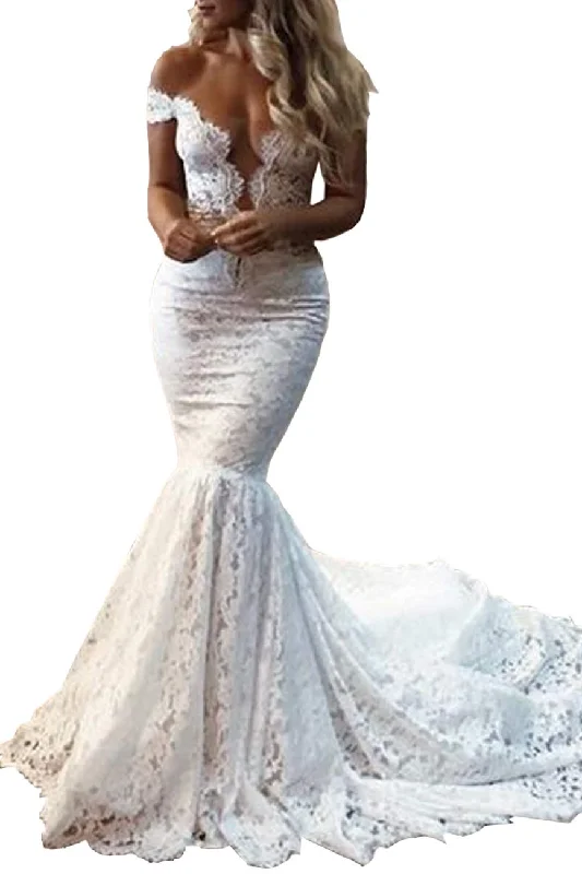 Elegant Pretty Off The Shoulder Mermaid Long Lace Wedding Dresses Formal Wedding Dress