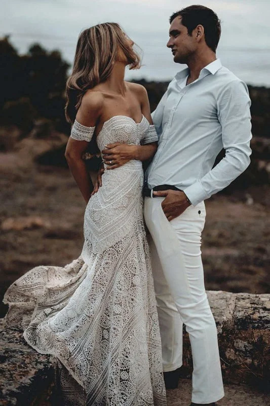 SD0369 Ivory Lace Beach Wedding Dresses Sweetheart Neck Rustic Boho Wedding Dresses Vintage Lace Dress